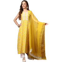 Stylum Women's Printed & Embroidered Rayon A-Line Kurta Dupatta Set (Kdyellowsurji40_Yellow, L)