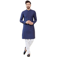 See Designs Men Long Sleeve Side Slit Mandarin Collar Blue Cotton Solid Straight Kurta - Sdkt2485Xl