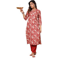 Anubhutee Women's Brick Red Floral Print Pure Cotton Straight Kurta With Trousers