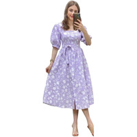 Gufrina Women's Half Sleeve Square Neck & Tie-Up Dress - Floral Print Midi Dress With Puff Sleeves (Lavender Xxl)