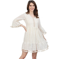 Ishin Women's Pure Cotton Off White Zari Embellished A-Line Dress