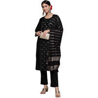 Ishin Women's Silk Blend Black Embroidered A-Line Kurta Suit Set With Pant & Dupatta
