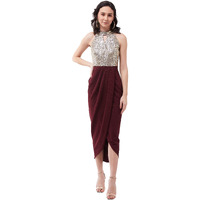 Miss Chase Women's Wine Halter Neck Sleeveless Solid Embellished Midi Dress (Mcaw21D13-17-184-04,Wine,M)