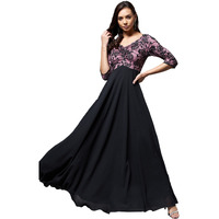 Miss Chase Women's Sweet Heart Neck 3/4 Sleeve Self Design Fit & Flare With Pockets Maxi Dress (Mcss22D13-62-245-03, Black And Lavender, S)