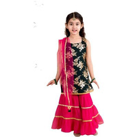 Pspeaches Girls Floral Printed Panelled Kurti With Skirt With Dupatta (Green-6-7Y)