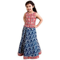 Pspeaches Girl's Blue Red Printed Cotton Readymade Lehenga Set (Blue-2-3Y)