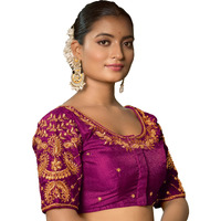 Pujia Mills Women's Readymade Blouse Embroidery Multi Coding Maggam Work Sequence Work Indian Ethnic Designer Stitched Readymade Saree Half Sleeve Wine Blouse For Women For Saree Lehenga Choli