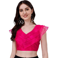 Pujia Mills Women's V Neck Orgenza Three Layer Ruffle Sleeve Frill Readymade Saree Blouse