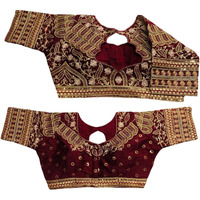Pujia Mills Women's Silk Half Sleeve Readymade Embroidery Multi Coding Gold Thread Indian Ethnic Designer Stitched Saree Blouse Maroon Color For Saree Lehenga Choli 36