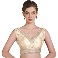 Pujia Mills Women's Indian Ethnic Wear Designer Golden Zari Embroidery With Sequence Work V Neck Sleeveless Readymadeback Side Worked Saree Blouse Readymade Cream Blouse Lehenga Choli