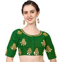 Pujia Mills Women's Silk Embroidery Maggam Lakshmi Coin Work Readymade Saree Blouse