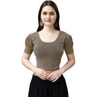 Pujia Mills Women's Readymade Shining Lycra Stretchable Round Neck Half Puff Sleeve Blouses Lycra Stretchable Off Gold Color Blouse For Women Readymade Saree Blouse
