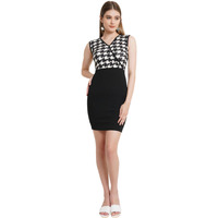 Popwings Women Casual Black & White Sleeveless Printed Knee Length Bodycon Dress | Dress For Women Dress For Women | Women Stylish Dress