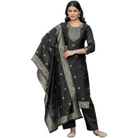 Sanisa Women's Silk Blend Weaving Straight Kurta With Pant And Dupatta Set (241Kbd2544N-Xxl_Black)