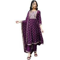 Sanisa Women's Chinnon Foil Floral Printed Straight Kurta With Pant And Dupatta Set (208Kbd2204N-M_Deep Purple & Lavender. Golden)