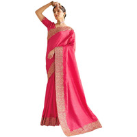 Satrani Women's Vichitra Silk Hot Fixing Embroidery Border Saree With Unstitched Blouse Piece (3614S151N_Pink1)