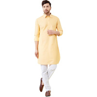 See Designs Men Yellow Cotton Solid Curved Hemline Full Sleeve Side Slit Pathani Kurta - Bnrskt622Xs