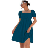 Shasmi Women's & Girl's Dress For Women L One Piece Dress For Women L Beach Dress For Women, Solid Textured Puff Sleeve Square Neck Midi Dress (Dress 115 Blue-Xl)