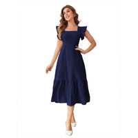 Shasmi Girl's & Women's Solid Navy Blue Color Square Neck, Ruffle-Trimmed Hem Sleeveless, Ruffle Armhole And Casual Dress With Cinched Waist Vacation Outfits Woman (Dress 162 N Blue-S)