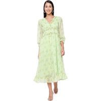 Sugathari Chiffon Green Ditsy Floral Deep V-Neck Ruffle Hem Western Dresses For Women (Dress2 88 Green L)