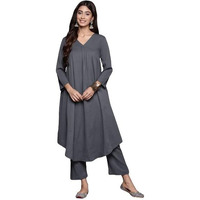 Varanga Women Plus Size Grey Empire Gathered Details A-Line Kurta Paired With Tonal Bottom