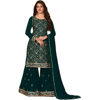 Xomantic Fashion Women's Embroidered Georgette Pakistani Suit Salwar Kamez Dupatta Set (Medium, Rama Green)