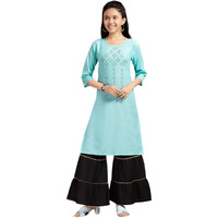 Aarika Girls Casual Wear Sea Green Colour Embellished Cotton Kurti (9-16 Years)