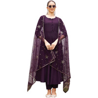 Womanista Women's Wine Anarkali Silk Kurta With Dupatta Sequence Net(Kurtaset_1072B_Xl)
