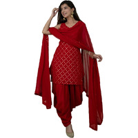 Xomantic Fashion Women's Georgette Red Color Readymade Punjabi Style Festival Wear Kurta And Pant With Dupatta Set (X-Small, Red)