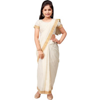 Aarika Girls Ethnic Wear Cream Colour Onam Cotton Blend Saree (3-9 Years)