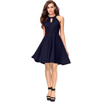 Addyvero Round Neck Sleeveless Cotton Blend Solid Fit And Flare Midi Women Dress (Navy Blue, L)