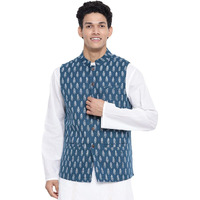 Fabindia Men Cotton Printed Nehru Jacket Teal_Xs