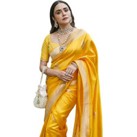 Flosive Women's Beautiful Hot Yellow Shine Kanjivaram Wedding Saree With Blouse