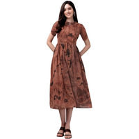 Gufrina Women's Half Sleeve Ruffle Neck & Tie-Up Dress - Elegant Midi Dress With Pleated Details (Brown L)