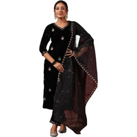Ishin Women's Velvet Zari Work Black Straight Kurta Suit Set With Trousers And Dupatta