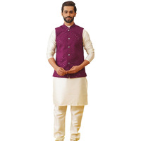 Jompers Mens Purple Sequins And Embroidred Nehru Jacket With Solid Kurta Pyjama. (Purple, M)