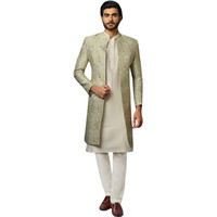 Kisah Men's Kurta Indo-Western Sherwani Trouser Set, Beige Cotton, Jacquard Regular Fit Mandarin Collar Long Sleeves (L)