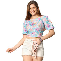Leriya Fashion Women Crop Floral Top With Cap Sleeves For Office Wear, Casual Wear Both Use To Western Top & Saree For Blouse (X-Large, Blue)