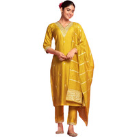 Lookmark Women's Pure Cotton Straight Kurta Pant Dupatta Set With Elegant Embroidery - Perfect For Every Occasion (Az-Lm-Og-Ks2105-S, Kurta Set, Yellow)