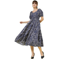 Oomph! Flared Dress For Women Stylish | Long One Piece For Women | Puff Sleeve Long Dress | Floral Print Maxi One Piece | Western & Fusion Wear Berry Blue