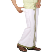 Prakasam Cotton Mens Welcro Pocket With Mild Green Border Dhoti/Fancy Border Dhoti/Welcro Pocket Mundu/White Dhoti With Pocket (Moon Mild Green)