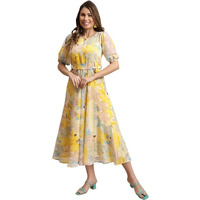 Preneum Women Fit & Flare Latest Style Print Georgette Regular Sleeves Casual Summer Maxi Dress | Festival & Occasion, Light Yellow, S