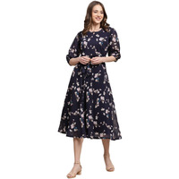 Preneum Women's Maxi Fit & Flare Latest Style Print Georgette Regular Sleeves Casual Summer Maxi Dress || Festival & Occasion, Dark Blue, M