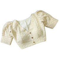 Pujia Mills Women's Cotton Chikankari Embroidery Work Readymade Saree Blouse Readymade Puff Sleeve For Women V Neck Fancy Blouses For Women For Lehenga Choli (Hakoba White 42)