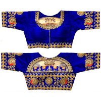 Pujia Mills Women's Phantom Silk Elephant Half Sleeve Saree Blouse (Dumbo_Royal Blue_38 Size+Margin)