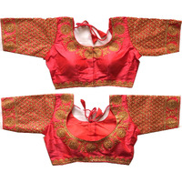 Pujia Mills Women's Phantom Silk Morpankh Half Sleeve Saree Blouse (Morpankh_Gajari_38 Size+Margin)