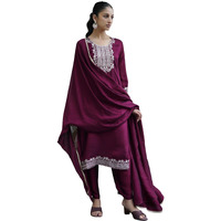Sanisa Women's Silk Blend Sequins Embroidery Straight Kurta With Pant And Dupatta Set (183Kbd1955N-L_Wine)