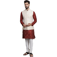 Sojanya (Since 1958 Men's Silk Blend Print Maroon Kurta And Cream Pyjama With Cream Nehru Jacket