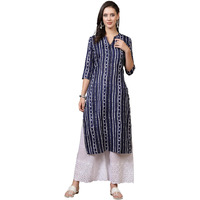 Stylum Women's Striped Printed Cotton Straight Kurta (Vatika36_Blue, S)