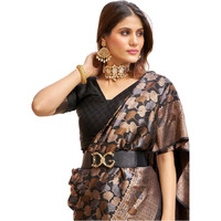 Flosive Women's Present Black Kanjivaram Wedding Saree With Blouse